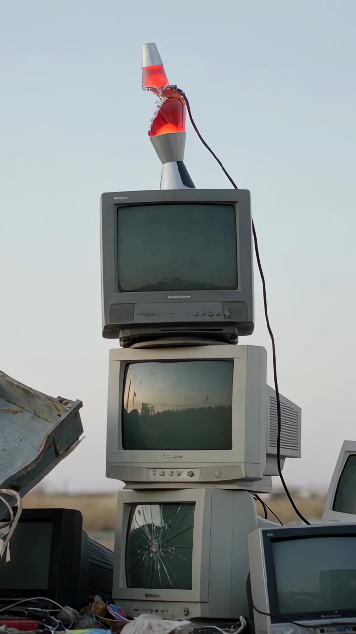 Vertikales Video: Spätes Licht wechselt, ein Stapel CRT-Monitore steht auf einem Grundstück, eine Lavalampe blubbert, ein gesprungener Bildschirm.