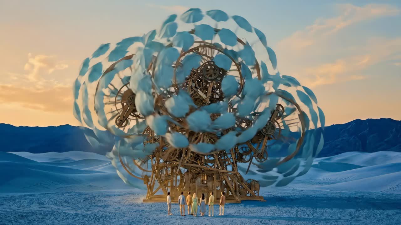 People Observe a Giant Spinning Mechanical Umbrella Structure in a Desert