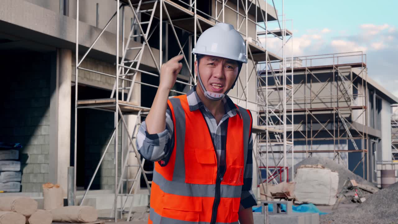 Angry Asian Male Engineer With Safety Helmet Shouting At Someone While Standing At Building & Construction Site in Progress to New House