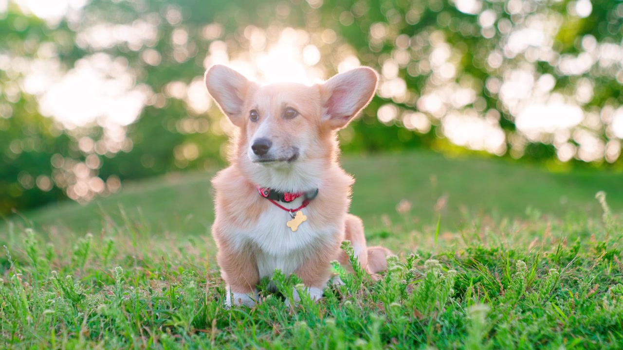 Lindo cachorro Corgi sentado en la hierba verde en un día soleado