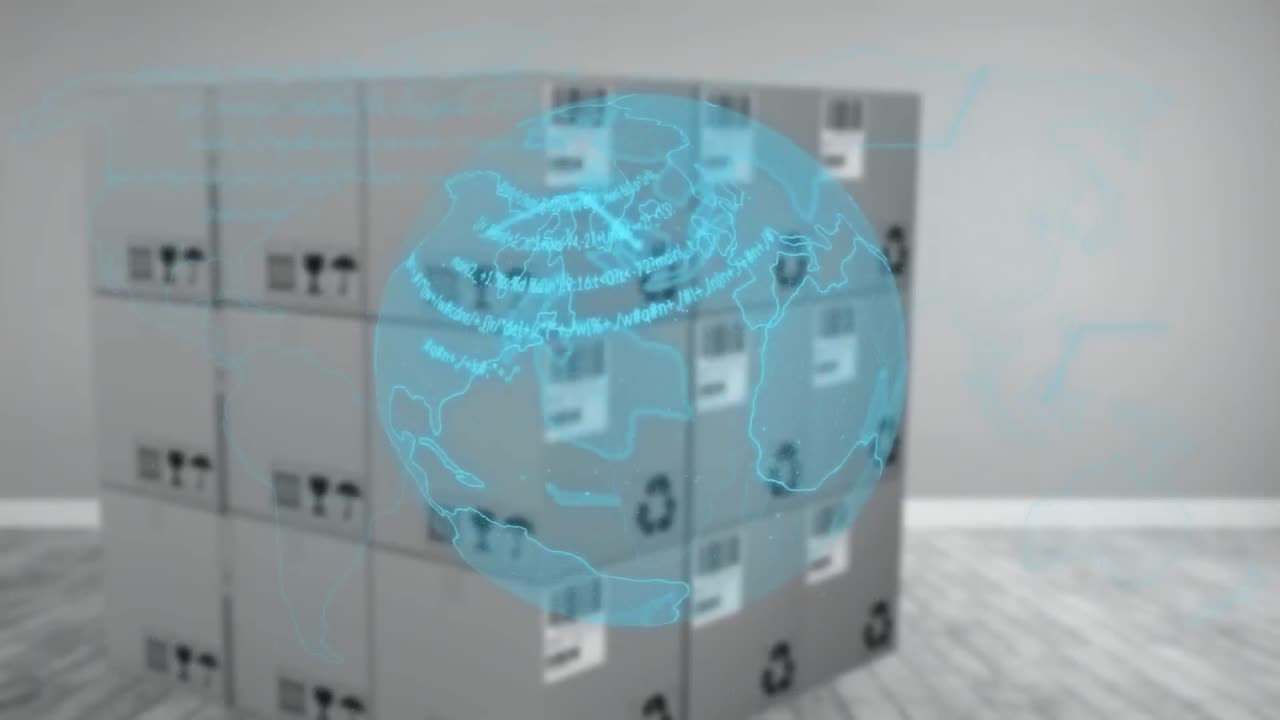 창고의 상자 위에 지구의 애니메이션과 데이터 처리가