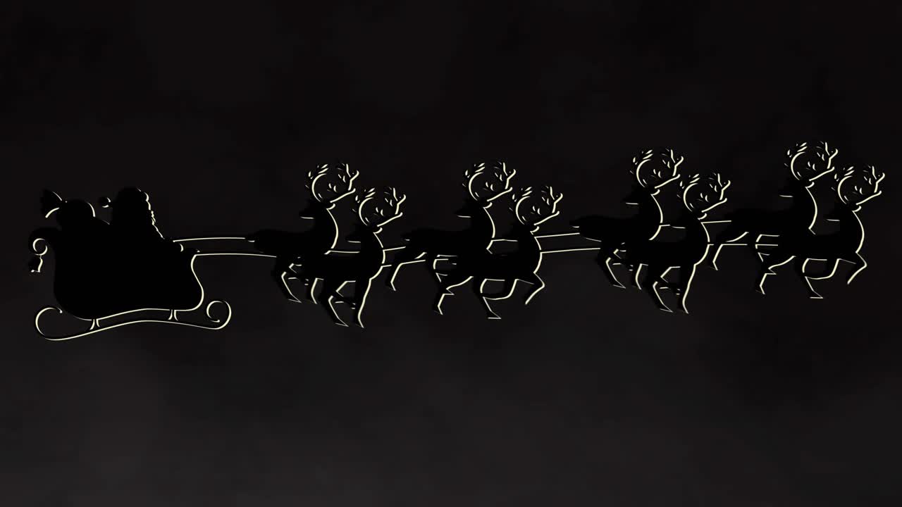 Spark from sleigh starting fireworks, sleigh with eight reindeer flying, sparks illuminating shapes