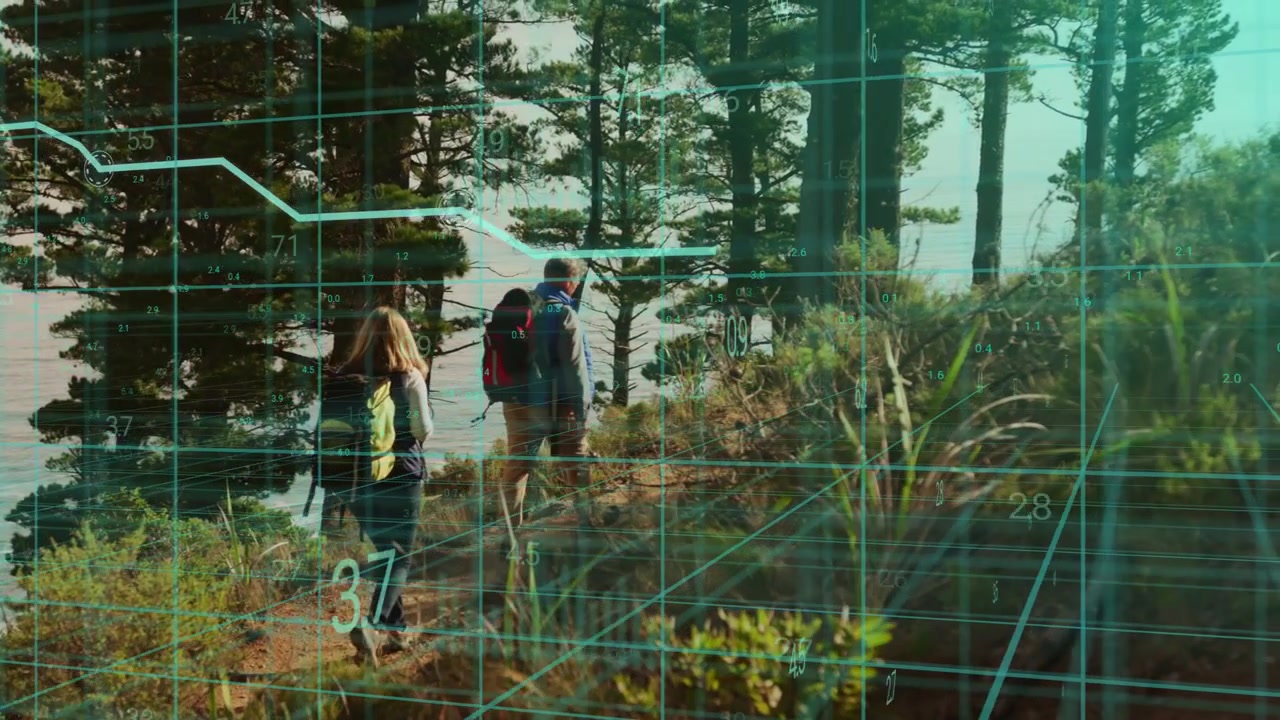 Male hiking and female following, as teal grid and chart animating above walkers showing tech data
