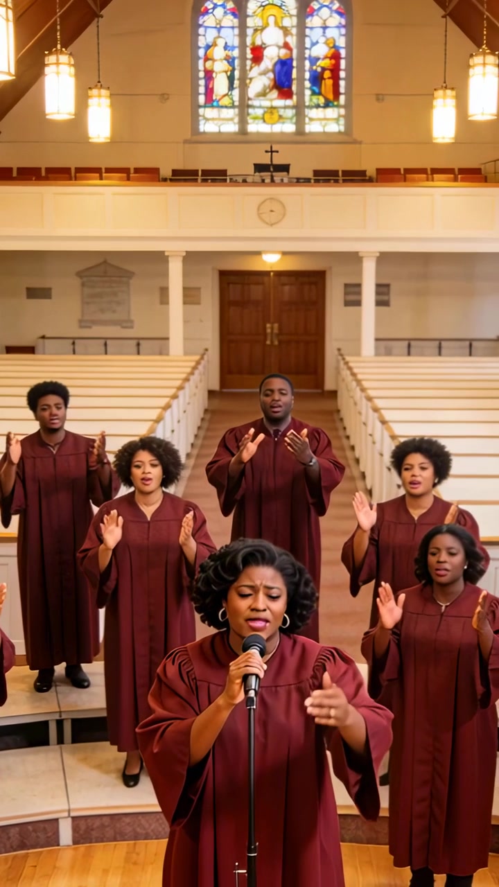 Vertical video: Opening lead singer singing at church, holding mic, guiding maroon-robed choir