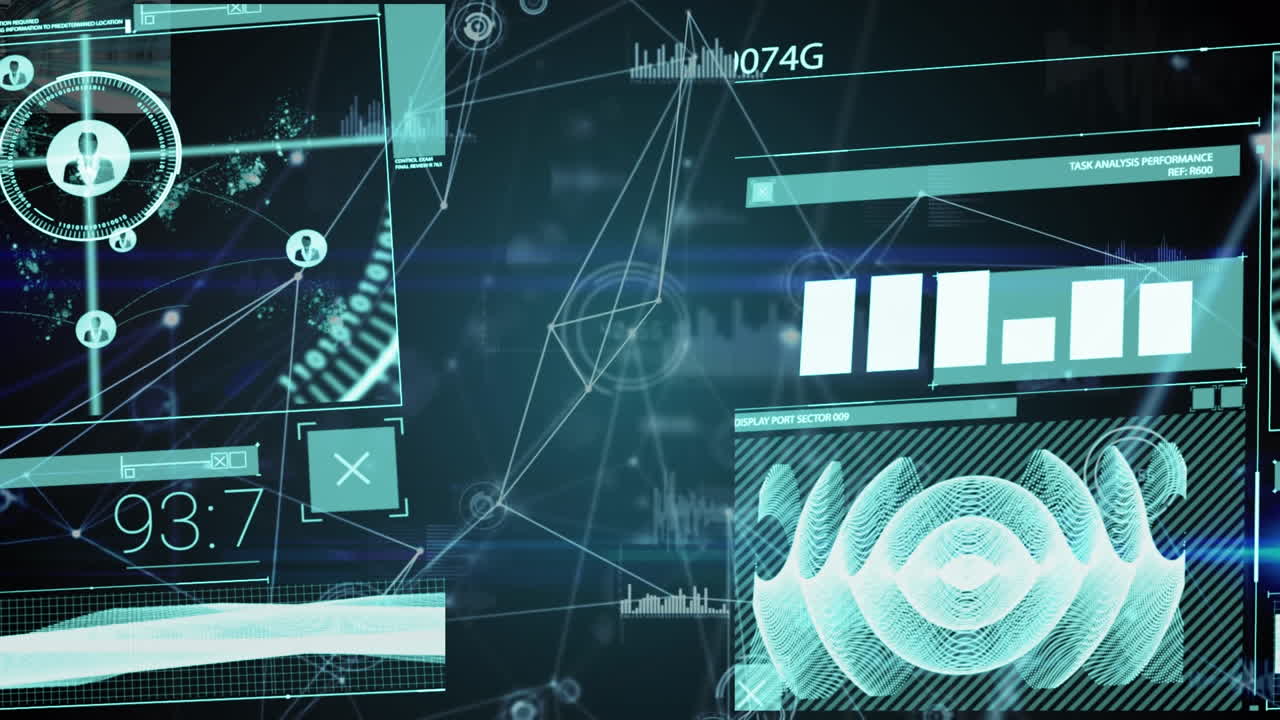 Animation of data processing over black background