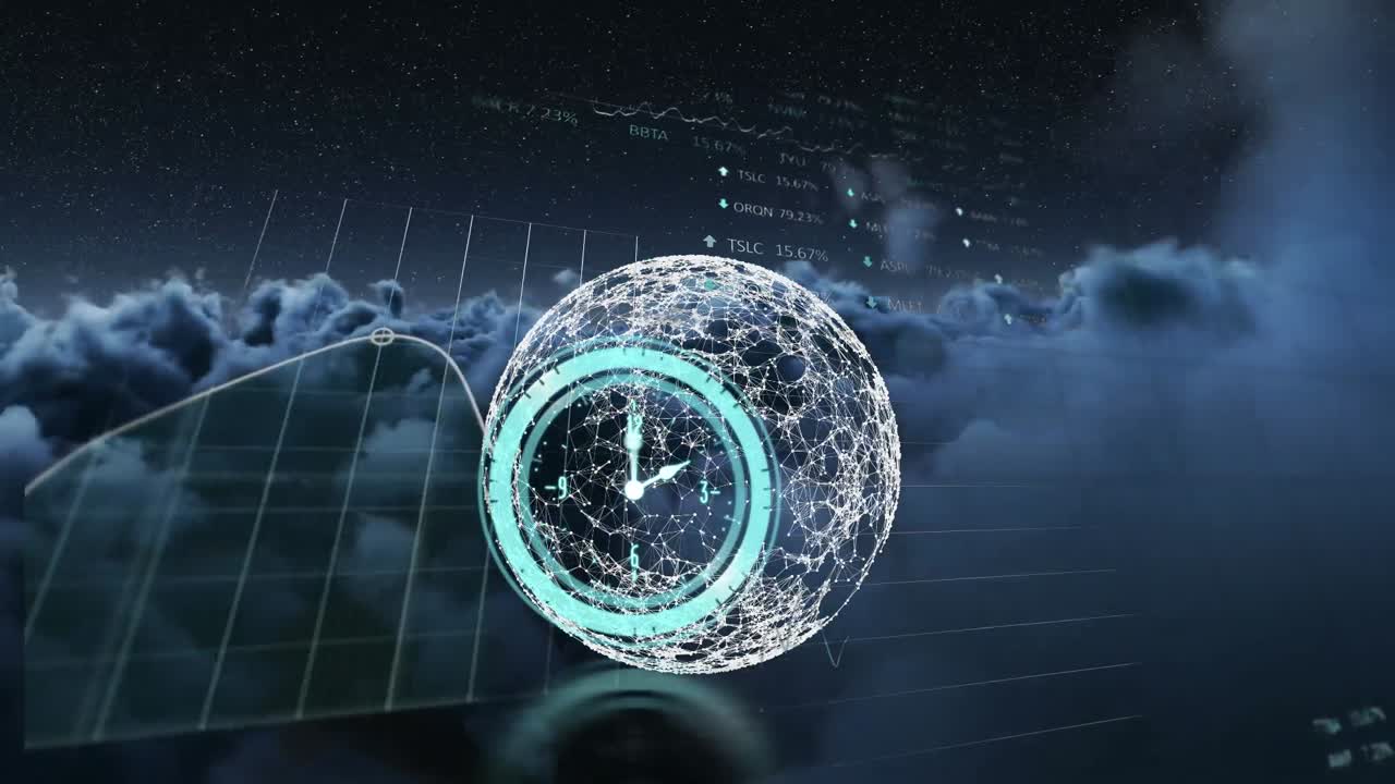 구름이 많은 하늘 위의 파란 시계의 애니메이션