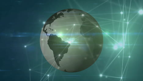 3d globe render rotating in teal digital space, showing glowing network lines orbiting continents