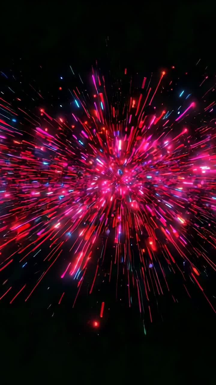 Vertical video: Igniting glowing cluster emitting neon streaks in deep black void with radial beams