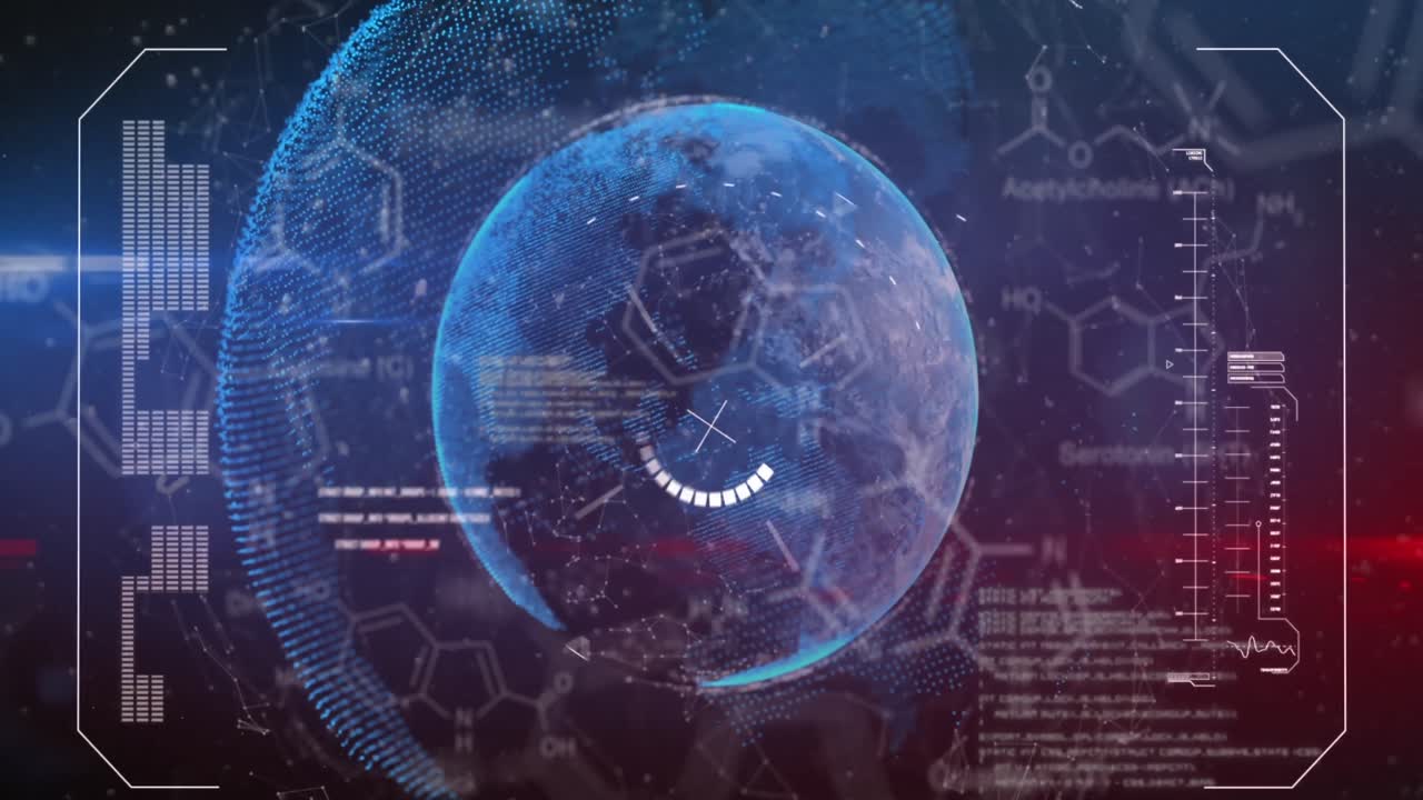 Animation of globes with connected dots and screens with computer language and molecular structure