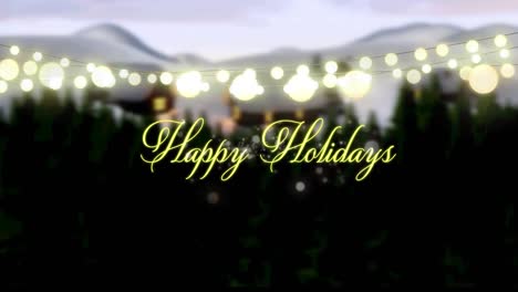 animation of christmas seasons greetings and glowing fairy lights over winter landscape