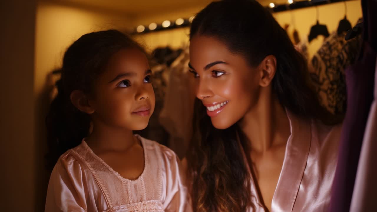 A Heartwarming Moment of Connection: A Smiling Parent and Child Share an Intimate Exchange of Joy and Love While Surrounded by Clothing in a Cozy Closet Atmosphere