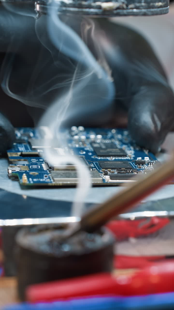 A close-up view of a technician using a soldering iron to repair a circuit board under a microscope, with some tools near by
