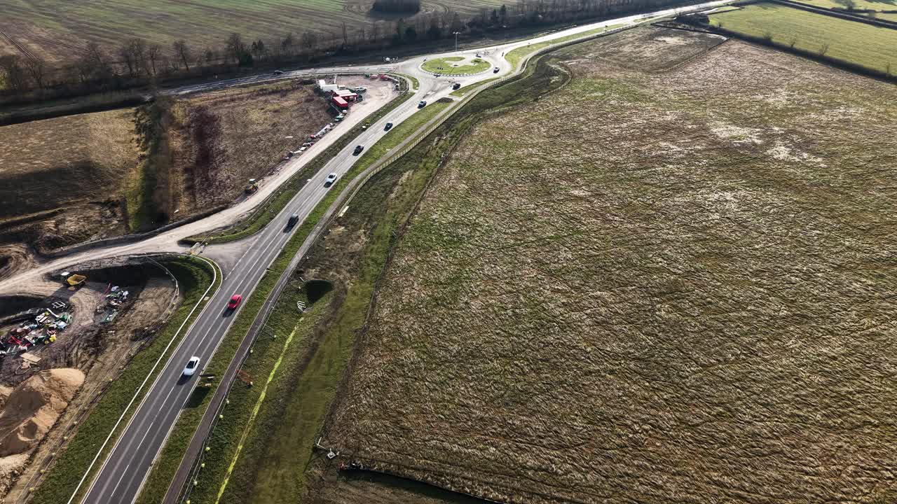 Waddesdon roundabout and roads viewed from above in UK countryside