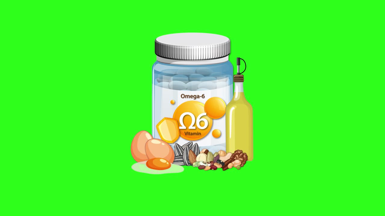 Omega-6 capsule bottle with eggs, nuts, and oil appears on bright green background, smooth transitions