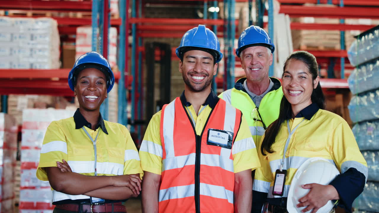 Happy Diverse Team of Warehouse Workers Smiling in a Logistics Center