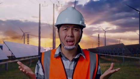 close up of wondering asian male engineer with safety helmet saying why working doubtfully with solar panel and wind turbines