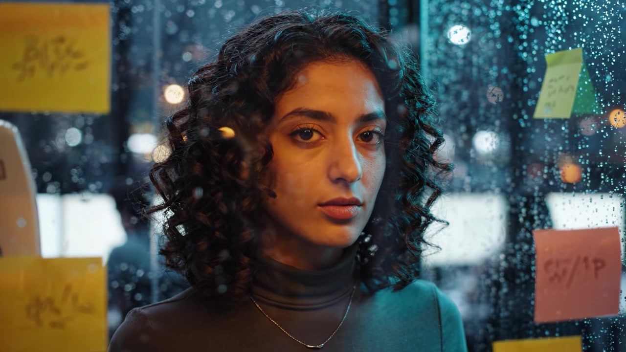 Una giovane donna contemplativa guarda attraverso una finestra segnata dalla pioggia e adornata con post-it colorati, catturando un momento di introspezione e atmosfera urbana.
