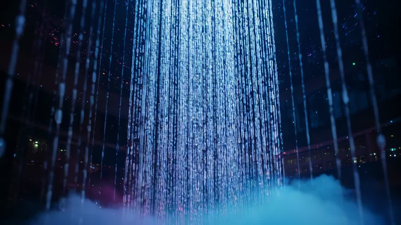Appearing curtain of glowing binary bits over grid in gallery with swirling fog as dreamy waterfall