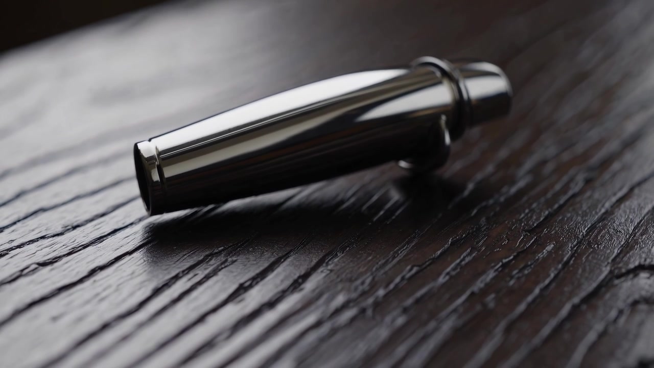 Shaker per cocktail in metallo lucido appoggiato su un tavolo di legno scuro