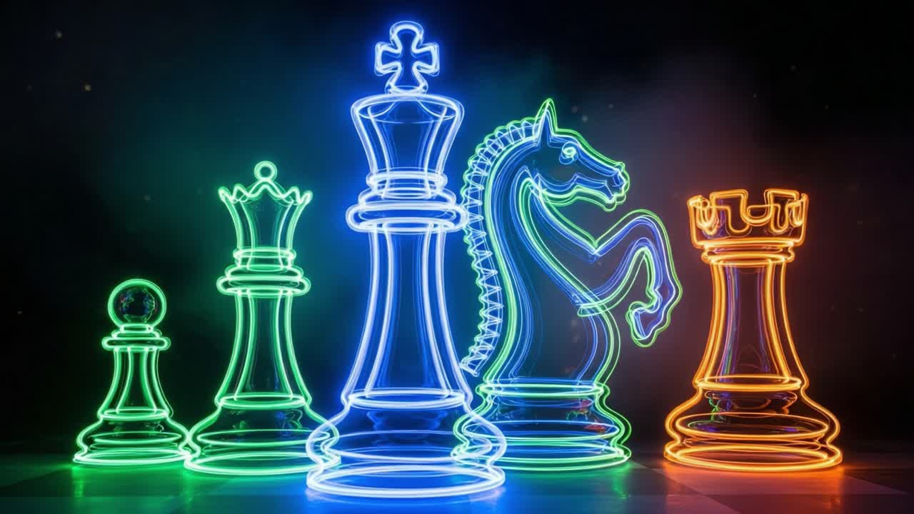 A Vibrant Display of Chess Pieces Illuminated in Neon Colors, Showcasing the King, Queen, Knight, Rook, and Pawn with an Artistic Touch