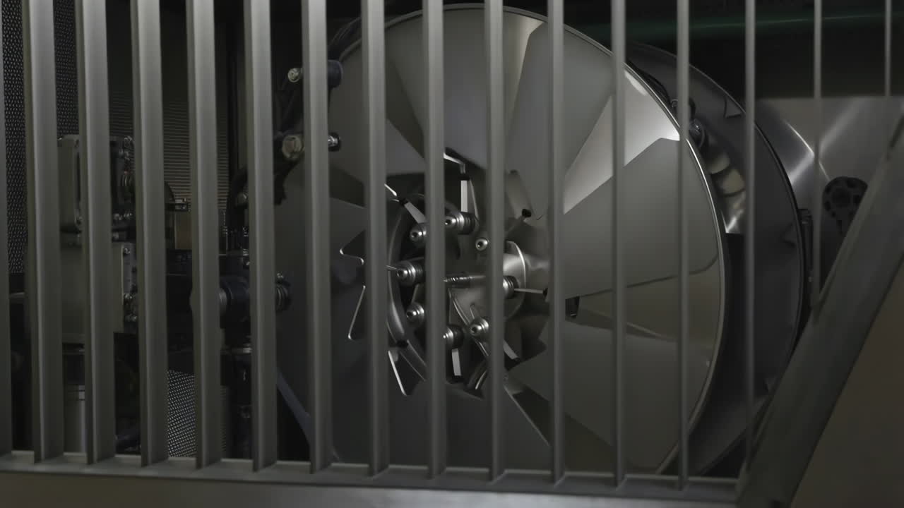 Industrial Fan Blades Behind a Protective Grille