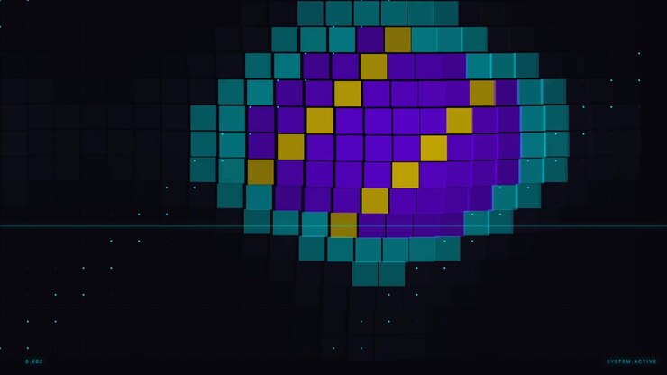 Animazione digitale astratta di blocchi di pixel geometrici che si fondono