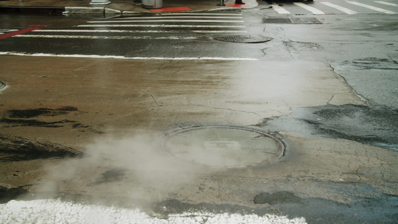 Street Scene with Steam from Manhole