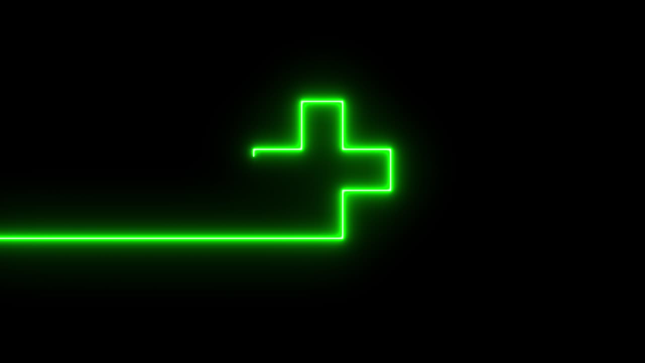Colorful abstract plus line neon blazing symbol sign on black background. Plus neon line glowing moving motion.