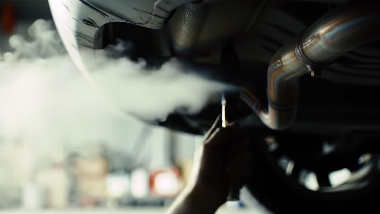 Inspection of Car Exhaust System With Smoke Test in an Automotive Garage