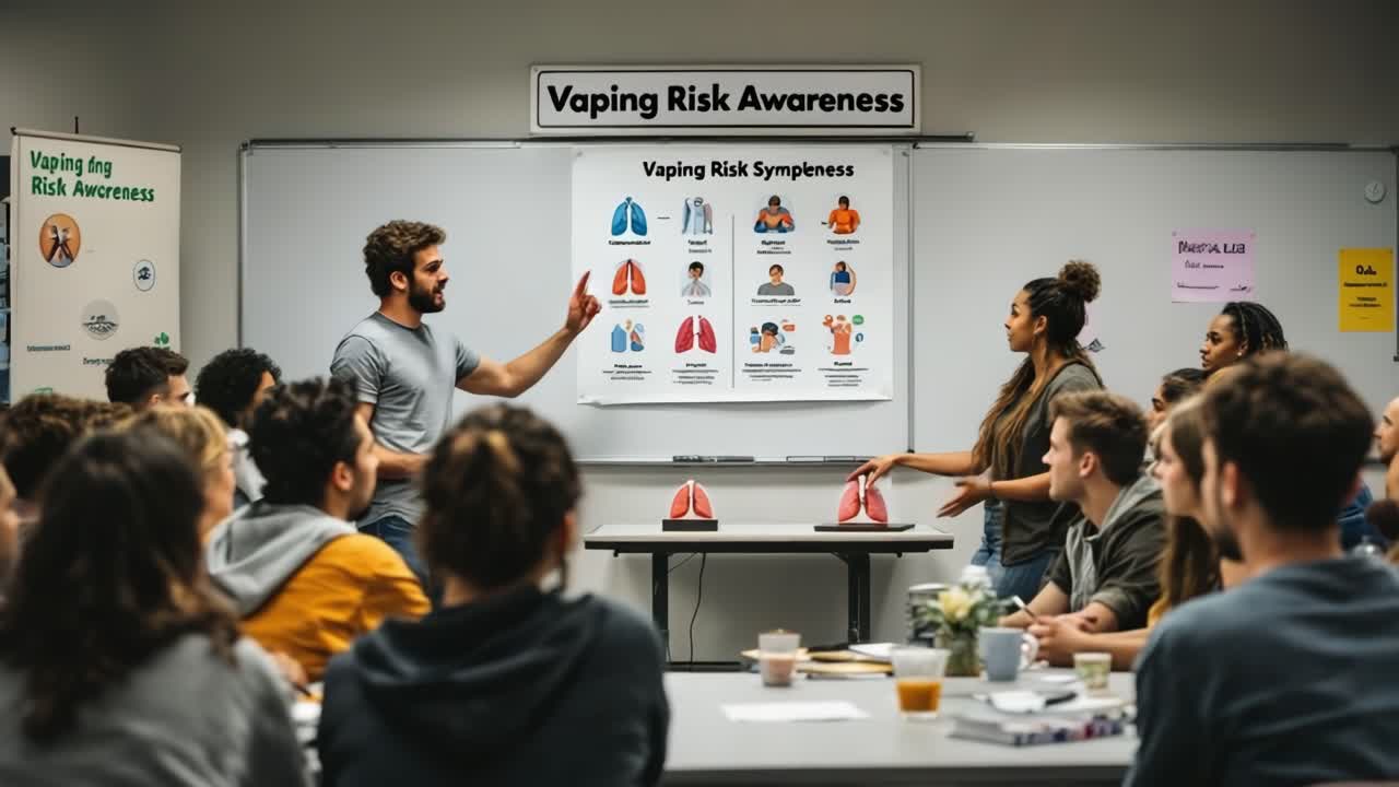 Medical professionals analyzing vaping risks, sharing lung health insights with attentive students during academic conference on public health awareness