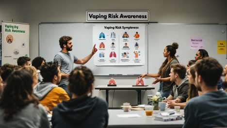 medical professionals analyzing vaping risks, sharing lung health insights with attentive students during academic conference on public health awareness