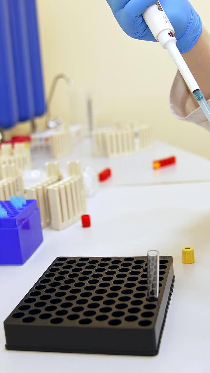 Female laboratory assistant filling the test glasses with liquid from special device. Modern science biomedical laboratory at hospital. Vertical video