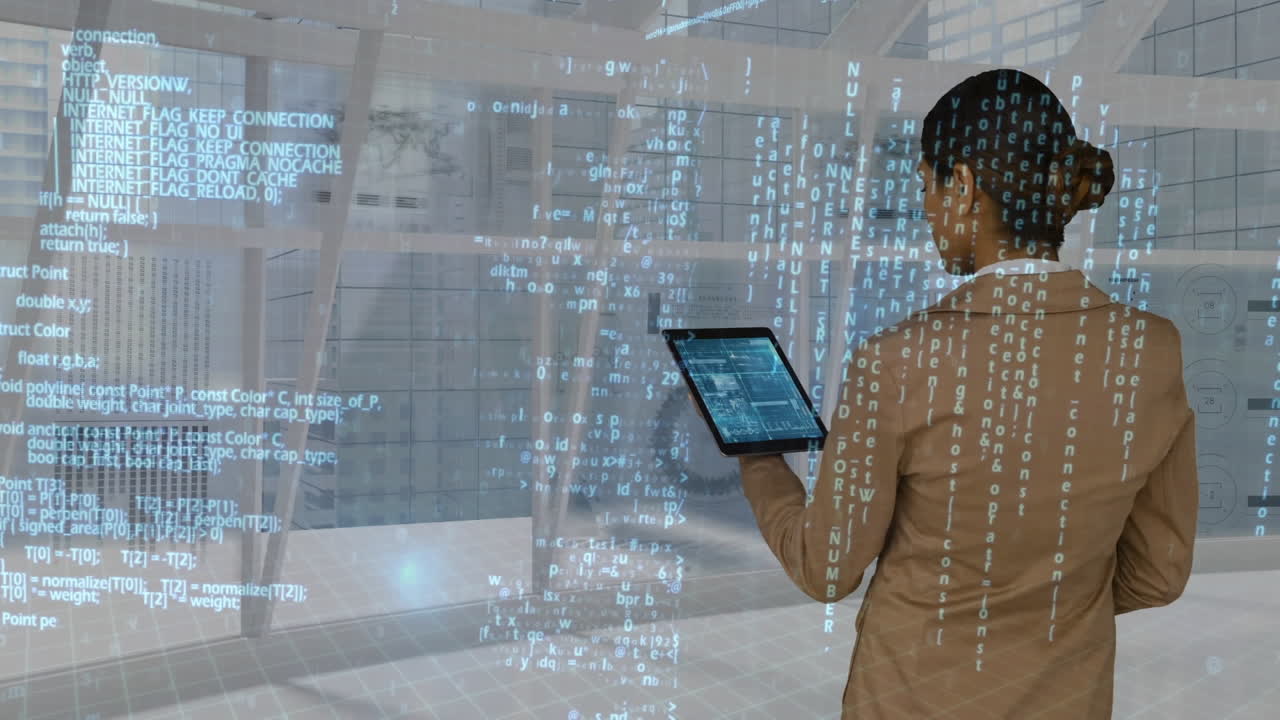 Businesswoman using digital tablet while data projected on interface moving behind her