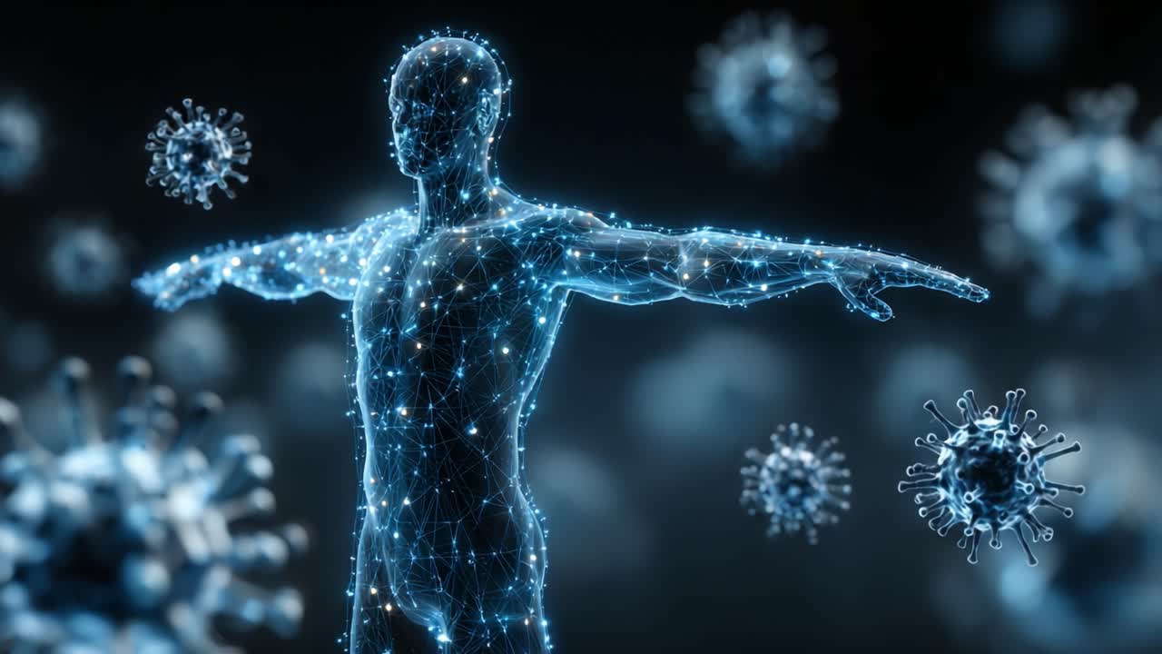 A digital representation of the human body surrounded by floating viruses, illustrating the intersection of technology and health in a captivating visual narrative