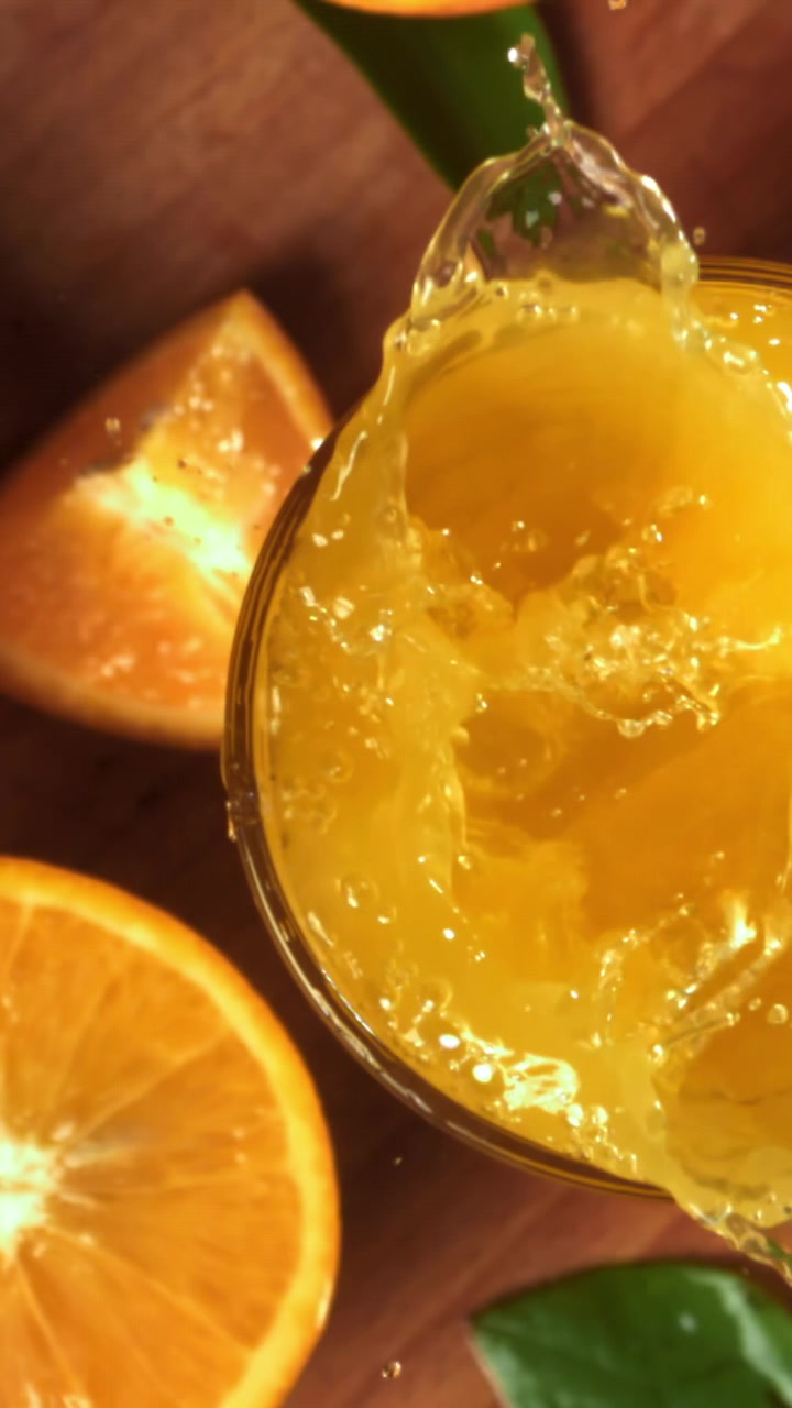 Cubetti di ghiaccio che schizzano in un bicchiere di succo d'arancia fresco in super slow motion