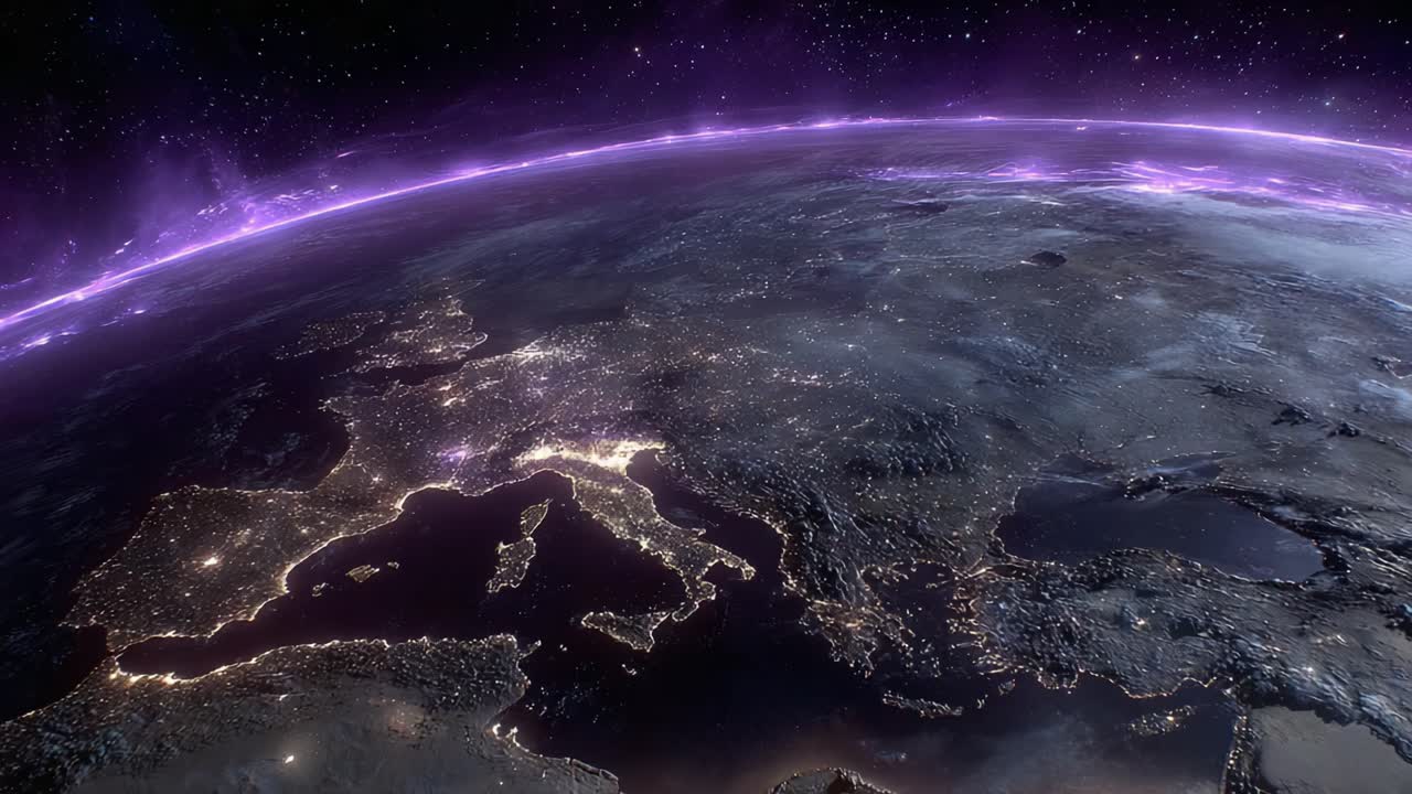 A Stunning View of Earth from Space Highlighting the Beautiful European Landscape with a Mystical Purple Aura Above Contemplating Our Planet's Splendor