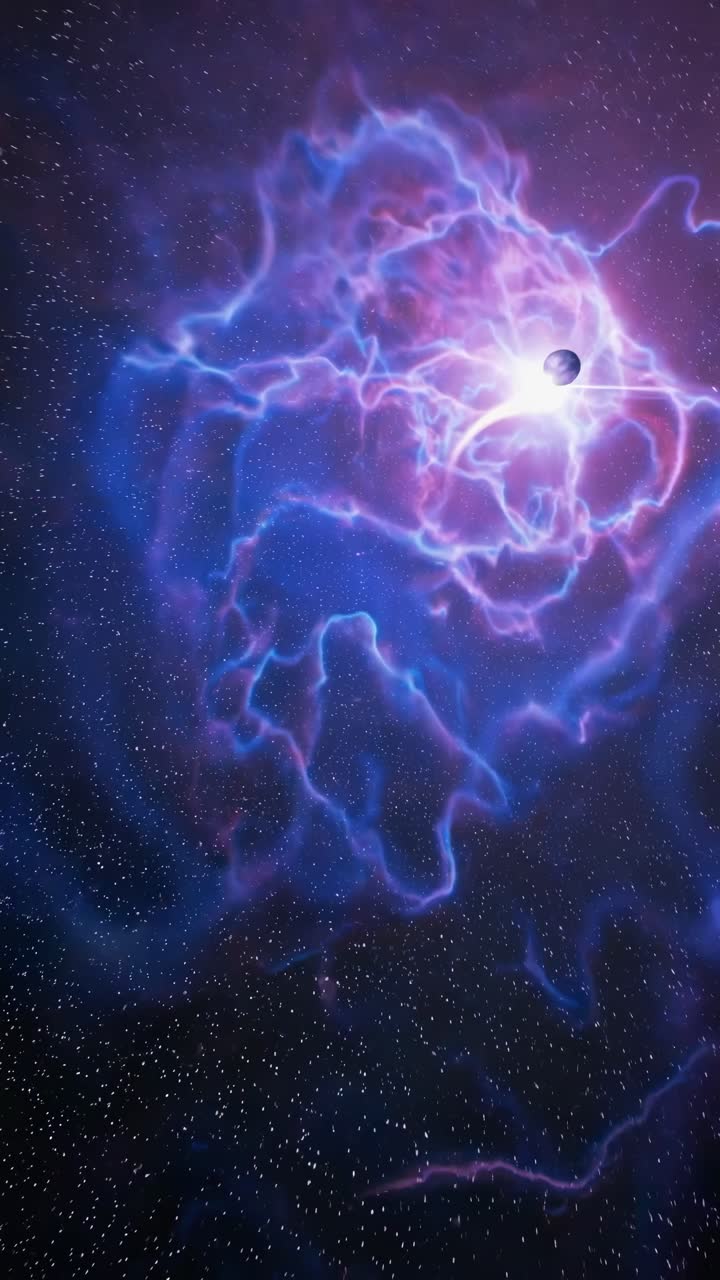 A cosmic video scene with a top-down view of a vibrant nebula swirling around a distant planet