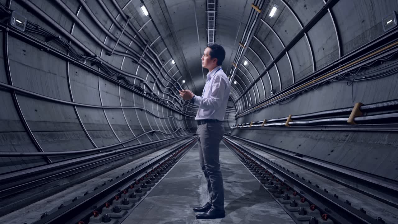 Full Body Side View Of Asian Male Worker Standing With His phone In Underground Subway Tunnel, He Observes By Looking Around Before He Come To Concentrating With His smartphone