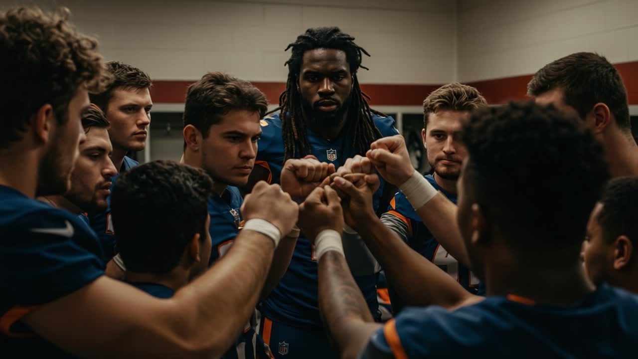 Inspiring Team Unity: A Powerful Moment of Encouragement and Camaraderie During a Pre-Game Huddle in the Locker Room, Signifying Team Spirit and Motivation