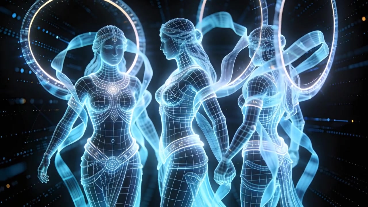 Trío de siluetas femeninas giratorias uniendo las manos, siguiendo una luz pulsante en el escenario, con halos y cintas.