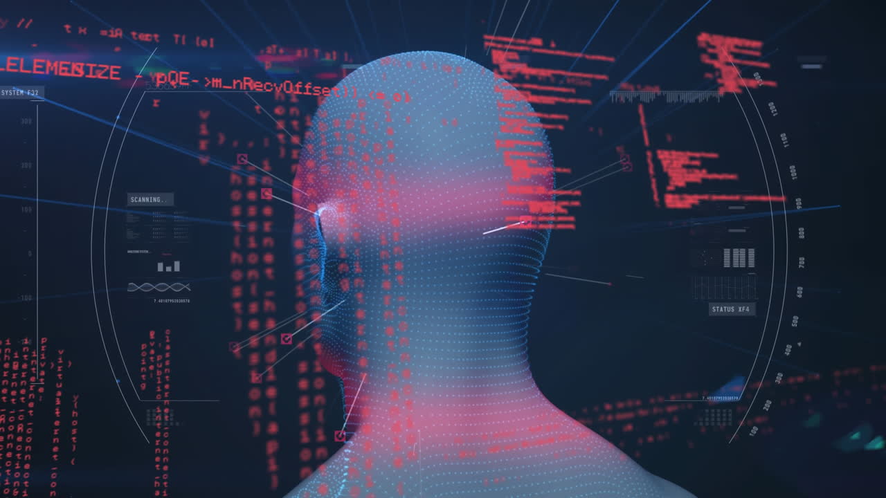 animación de la cabeza humana girando con procesamiento de datos de interfaz digital