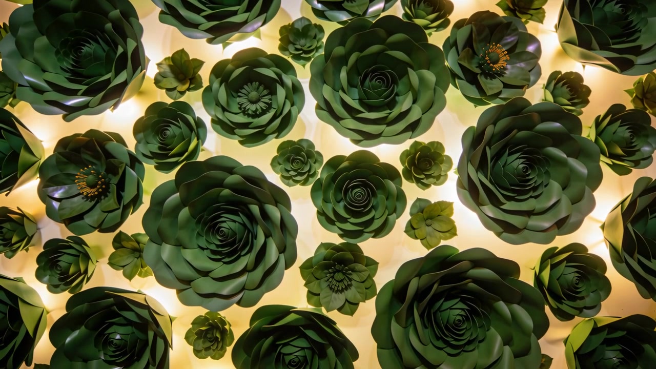 Câmera com zoom lento revelando densas rosetas verdes em um painel iluminado em um evento, mostrando contas amarelas