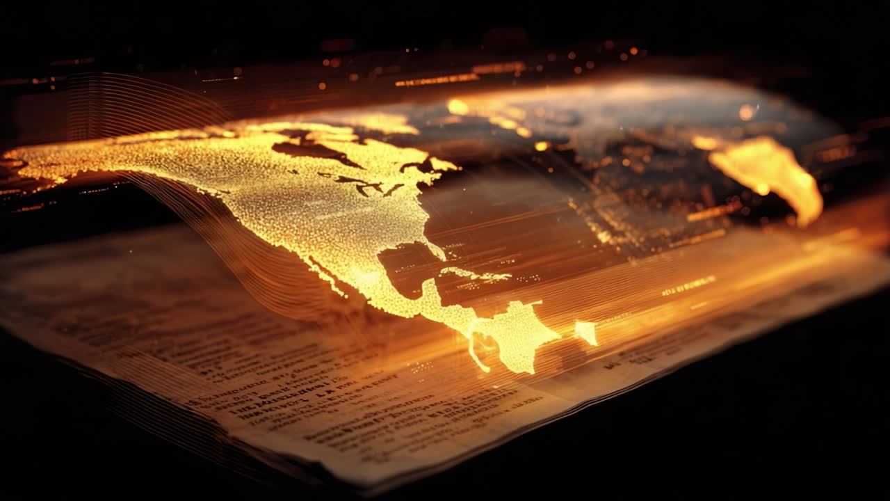 Streams of glowing golden data forming a digital world map flowing out of the pages of an antique book, representing the global transmission of knowledge, information, and history