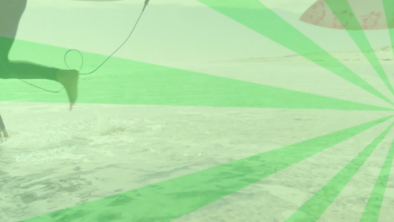 Surfer jumping over shallow water in wetsuit and leash, showcasing sports with green beam overlay