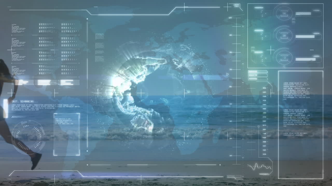 해변에서 달리는 건강한 여성에 대한 데이터 처리 애니메이션