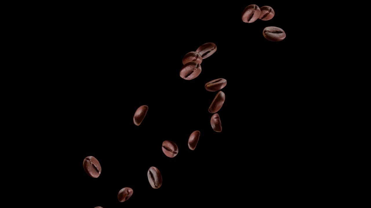 4k loop flying coffee beans in air isolated on black backdrop slow motion tea shops cafe promo