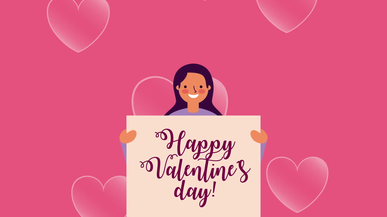 발렌타인 데이 배너를 들고 있는 젊은 여성