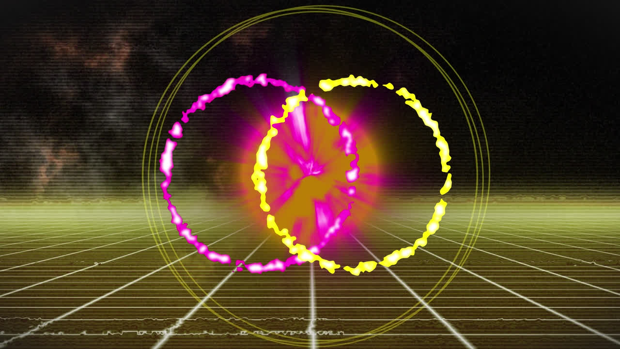 animación de círculos de neón sobre espacio digital negro y amarillo