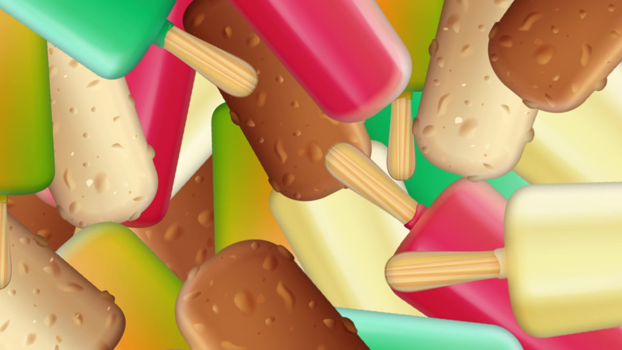 Sovrapposizione di transizione con ghiaccioli e stecchi di gelato colorati animati orizzontalmente. Dolci delizie estive che si allontanano su uno sfondo nero uniforme