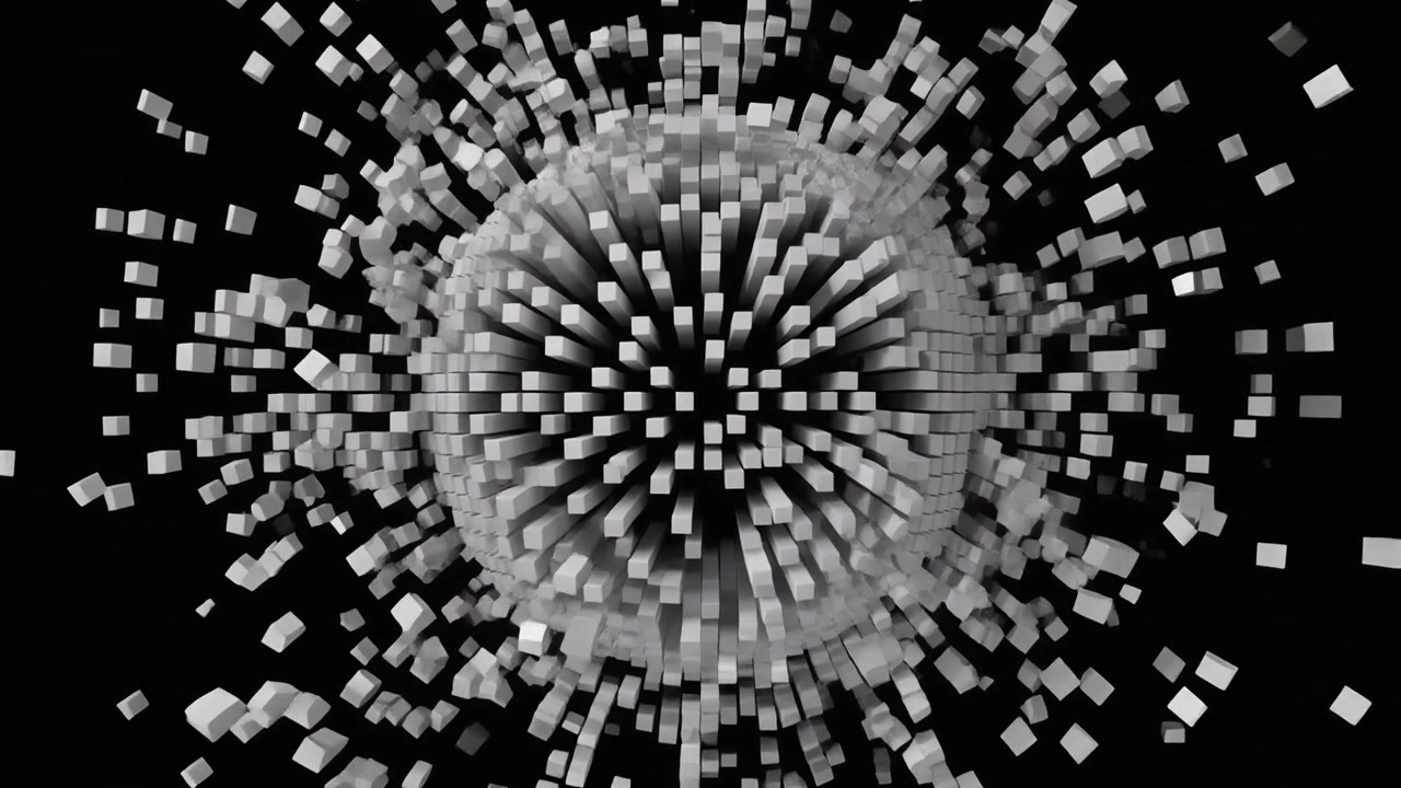 Abstract 3D Sphere Composed of Expanding White Cubes on Black Background